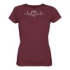Bio Karpfen Shirt für Karpfenanglerinnen mit Karpfenzelt und Herzschlaglinie: weinrotes Herzschlag Bivvy T-Shirt für Karpfenanglerinnen. Ein tolles Angler T-Shirt und Geschenk für Karpfenangler.