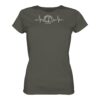 Bio Karpfen Shirt für Karpfenanglerinnen mit Karpfenzelt und Herzschlaglinie: olivgrünes Herzschlag Bivvy T-Shirt für Karpfenanglerinnen. Ein tolles Angler T-Shirt und Geschenk für Karpfenangler.