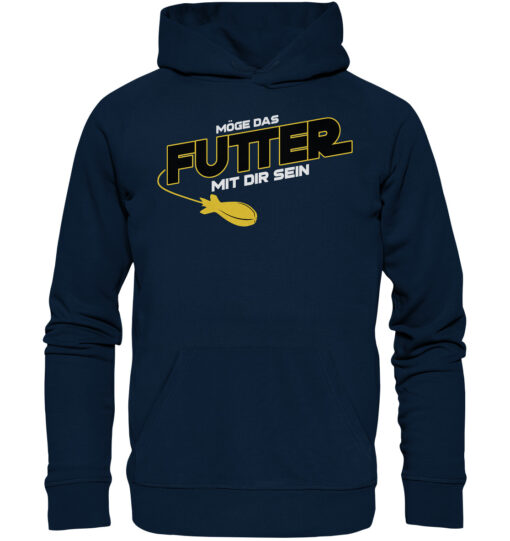 Lustiger Karpfen Hoodie für Karpfenangler: navyblauer Bio Hoodie für Angler mit lustigem Druck: Möge das Futter mit dir sein - Spod Edition! Ein lustiges Geschenk für Angler.