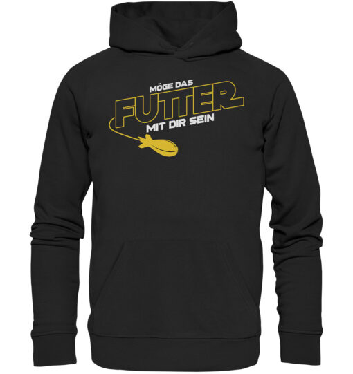 Lustiger Karpfen Hoodie für Karpfenangler: schwarzer Bio Hoodie für Angler mit lustigem Druck: Möge das Futter mit dir sein - Spod Edition! Ein lustiges Geschenk für Angler.