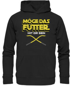 Lustiger Karpfen Hoodie für Karpfenangler: schwarzer Bio Hoodie für Angler mit lustigem Druck: Möge das Futter mit dir sein! Ein lustiges Geschenk für Angler.