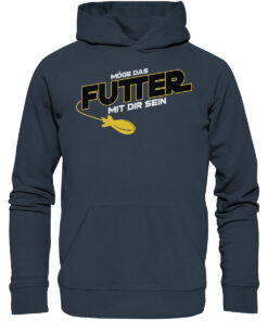 Lustiger Karpfen Hoodie für Karpfenangler: graublauer Bio Hoodie für Angler mit lustigem Druck: Möge das Futter mit dir sein - Spod Edition! Ein lustiges Geschenk für Angler.