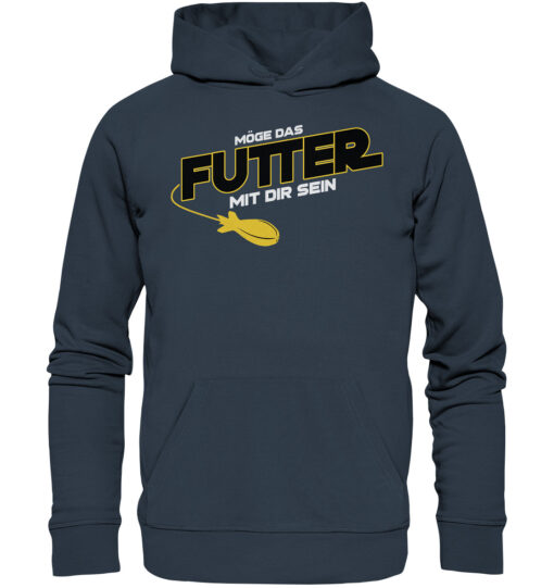 Lustiger Karpfen Hoodie für Karpfenangler: graublauer Bio Hoodie für Angler mit lustigem Druck: Möge das Futter mit dir sein - Spod Edition! Ein lustiges Geschenk für Angler.