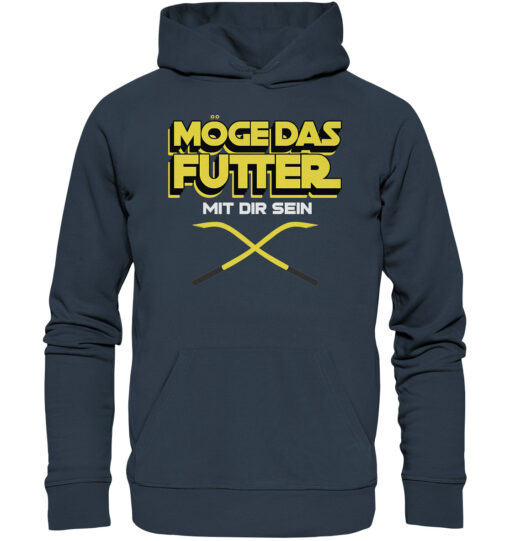 Lustiger Karpfen Hoodie für Karpfenangler: graublauer Bio Hoodie für Angler mit lustigem Druck: Möge das Futter mit dir sein! Ein lustiges Geschenk für Angler.