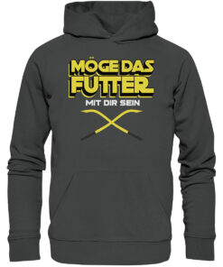 Lustiger Karpfen Hoodie für Karpfenangler: grauer Bio Hoodie für Angler mit lustigem Druck: Möge das Futter mit dir sein! Ein lustiges Geschenk für Angler.