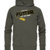 Lustiger Karpfen Hoodie für Karpfenangler: olivgrüner Bio Hoodie für Angler mit lustigem Druck: Möge das Futter mit dir sein - Spod Edition! Ein lustiges Geschenk für Angler.