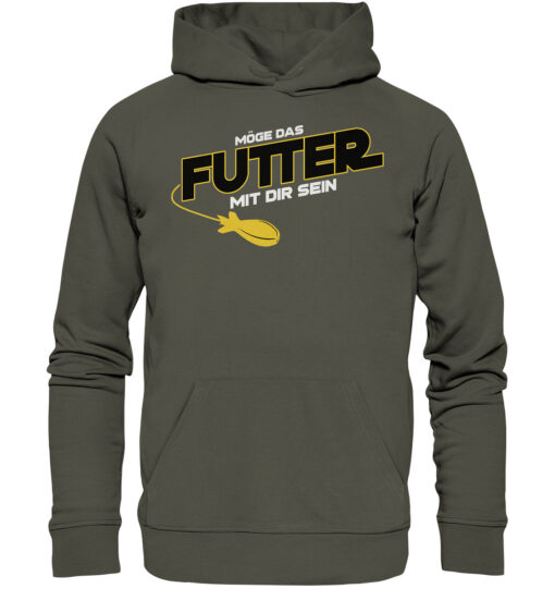 Lustiger Karpfen Hoodie für Karpfenangler: olivgrüner Bio Hoodie für Angler mit lustigem Druck: Möge das Futter mit dir sein - Spod Edition! Ein lustiges Geschenk für Angler.