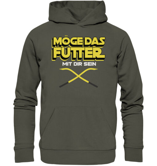 Lustiger Karpfen Hoodie für Karpfenangler: olivgrüner Bio Hoodie für Angler mit lustigem Druck: Möge das Futter mit dir sein! Ein lustiges Geschenk für Angler.