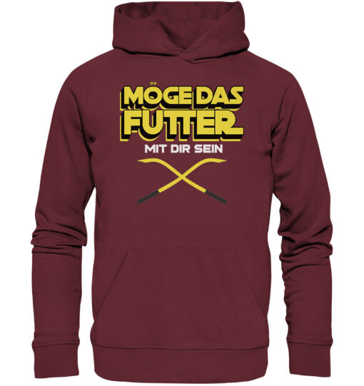 Lustiger Karpfen Hoodie für Karpfenangler: burgundroter Bio Hoodie für Angler mit lustigem Druck: Möge das Futter mit dir sein! Ein lustiges Geschenk für Angler.