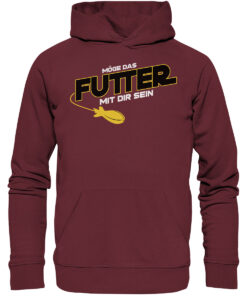 Lustiger Karpfen Hoodie für Karpfenangler: burgundroter Bio Hoodie für Angler mit lustigem Druck: Möge das Futter mit dir sein - Spod Edition! Ein lustiges Geschenk für Angler.