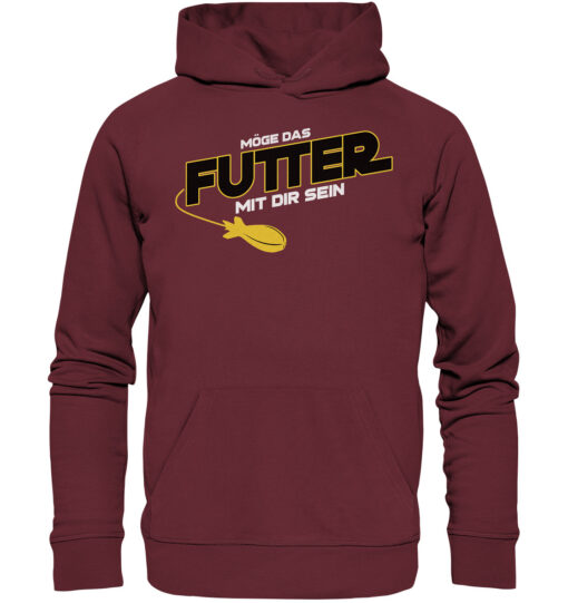 Lustiger Karpfen Hoodie für Karpfenangler: burgundroter Bio Hoodie für Angler mit lustigem Druck: Möge das Futter mit dir sein - Spod Edition! Ein lustiges Geschenk für Angler.