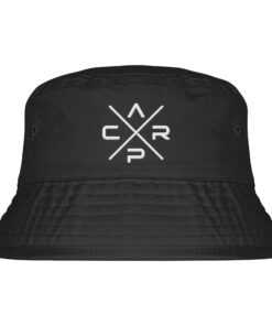 Carp Bucket Hat für Karpfenangler in schwarz: Anglerhut mit Stick für Karpfenangler. Besonderer Fischerhut aus Bio-Baumwolle mit tollem CARP Stick. Ein toller Hut für Angler - ideal auch als Angler Geschenk.