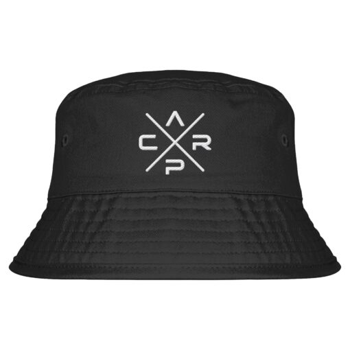 Carp Bucket Hat für Karpfenangler in schwarz: Anglerhut mit Stick für Karpfenangler. Besonderer Fischerhut aus Bio-Baumwolle mit tollem CARP Stick. Ein toller Hut für Angler - ideal auch als Angler Geschenk.