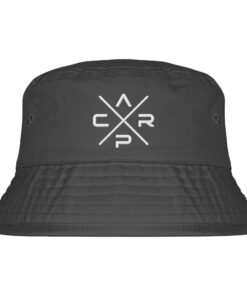 Carp Bucket Hat für Karpfenangler in graphite grey: Anglerhut mit Stick für Karpfenangler. Besonderer Fischerhut aus Bio-Baumwolle mit tollem CARP Stick. Ein toller Hut für Angler - ideal auch als Angler Geschenk.