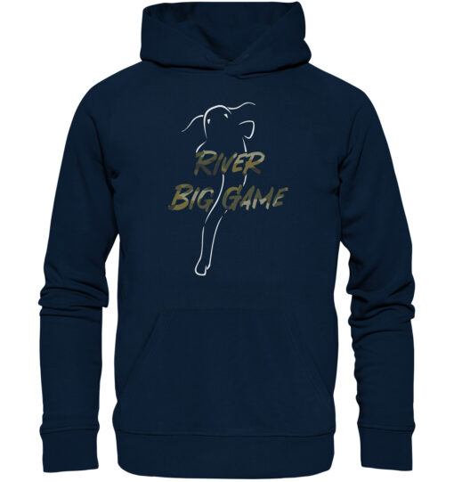 Wels Hoodie für Welsangler in dunkelblau mit eleganter Wels Silhouette und River Big Game Schriftzug. Ein tolles Geschenk für Welsangler.