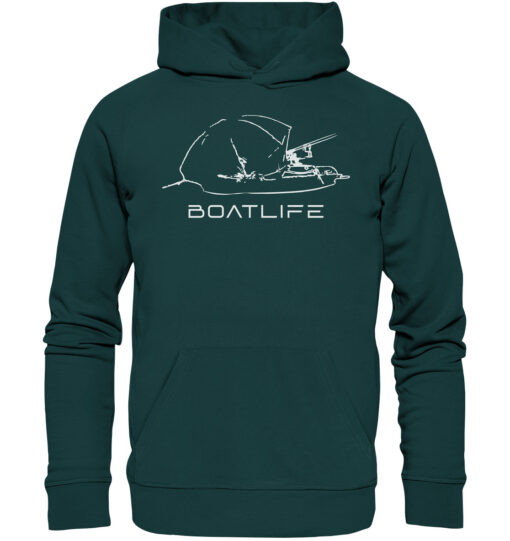 Karpfenangeln vom Boot: der Boatlife Karpfen Hoodie für Karpfenangler. Ein tolles Geschenk für Angler. Bio Angler Hoodie in Grün bestellen.