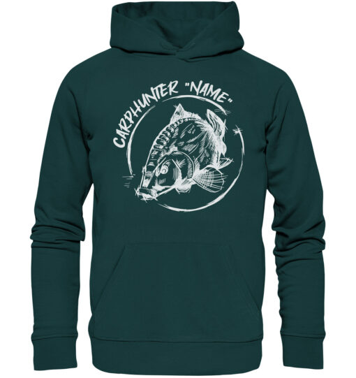 Carphunter Angler Hoodie grün mit elegantem Karpfendesign für Karpfenangler. Personalisierter Karpfen Hoodie für Angler. Ein tolles Geschenk für Angler.