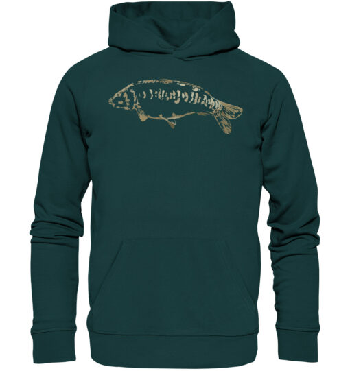 Bio Zeilenkarpfen Hoodie für Karpfenangler: grüner Karpfen Hoodie für Angler. Ein tolles Angler Geschenk.