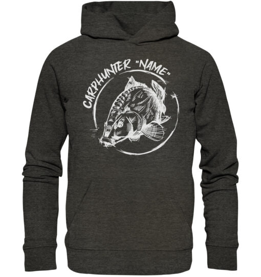 Carphunter Angler Hoodie dunkelgrau meliert mit elegantem Karpfendesign für Karpfenangler. Personalisierter Karpfen Hoodie für Angler. Ein tolles Geschenk für Angler.