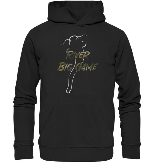 Wels Hoodie für Welsangler in schwarz mit eleganter Wels Silhouette und River Big Game Schriftzug. Ein tolles Geschenk für Welsangler.