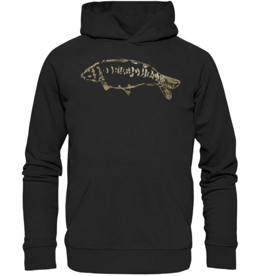 Bio Zeilenkarpfen Hoodie für Karpfenangler: schwarzer Karpfen Hoodie für Angler. Ein tolles Angler Geschenk.