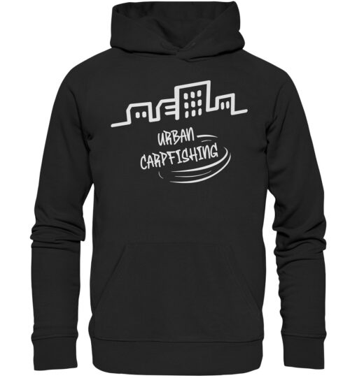 Bio Urban Carpfishing City Hoodie für Karpfenangler: schwarzer Karpfen Hoodie für Angler. Ein tolles Angler Geschenk.