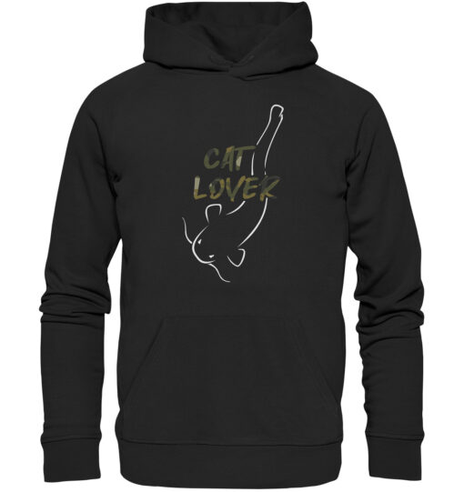 Bio Catfish Lover Wels Hoodie für Welsangler in schwarz mit Welsdesign und Schriftzug. Ein tolles Geschenk für Wels Angler. Wels Hoodies für Angler.