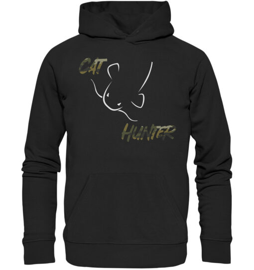 Bio Catfish Hunter Wels Hoodie für Welsangler in schwarz mit Welsdesign und Schriftzug. Ein tolles Geschenk für Wels Angler. Wels Hoodies für Angler.