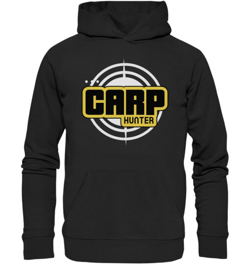 Schwarzer Carp Hunter Hoodie für Karpfenangler mit dem auffälligen carphunter Design für Karpfenangler. Ein tolles Geschenk für Angler!