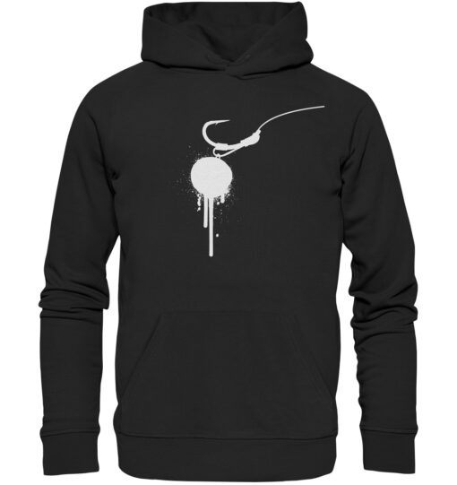 Hookbait Graffiti Hoodie für Karpfenangler: ein Boilie am D-Rig gedruckt auf einem schwarzen Karpfen Hoodie aus Bio-Baumwolle. Besondere Bekleidung für Karpfenangler.