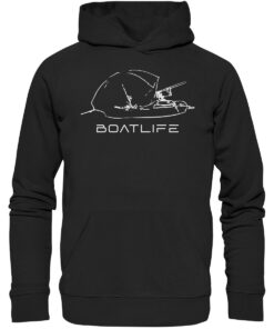 Karpfenangeln vom Boot: der Boatlife Karpfen Hoodie für Karpfenangler. Ein tolles Geschenk für Angler. Bio Angler Hoodie in Schwarz bestellen.