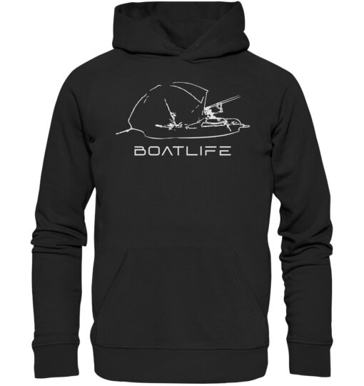 Karpfenangeln vom Boot: der Boatlife Karpfen Hoodie für Karpfenangler. Ein tolles Geschenk für Angler. Bio Angler Hoodie in Schwarz bestellen.