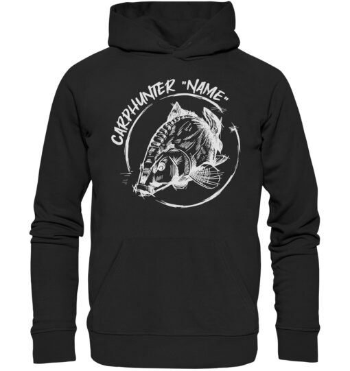 Carphunter Angler Hoodie schwarz mit elegantem Karpfendesign für Karpfenangler. Personalisierter Karpfen Hoodie für Angler. Ein tolles Geschenk für Angler.