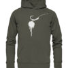 Hookbait Graffiti Hoodie für Karpfenangler: ein Boilie am D-Rig gedruckt auf einem olivgrünen Karpfen Hoodie aus Bio-Baumwolle. Besondere Bekleidung für Karpfenangler.