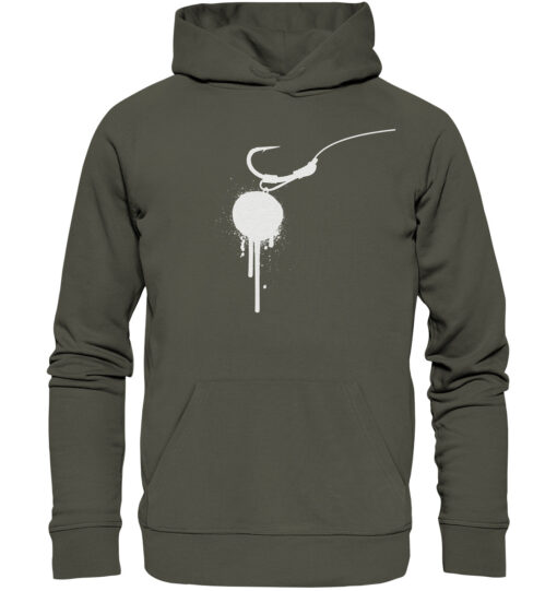 Hookbait Graffiti Hoodie für Karpfenangler: ein Boilie am D-Rig gedruckt auf einem olivgrünen Karpfen Hoodie aus Bio-Baumwolle. Besondere Bekleidung für Karpfenangler.