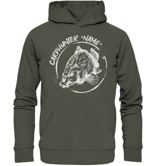 Carphunter Angler Hoodie olivgrün mit elegantem Karpfendesign für Karpfenangler. Personalisierter Karpfen Hoodie für Angler. Ein tolles Geschenk für Angler.