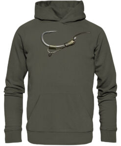 Bio Karpfen Hoodie für Karpfenangler: olivgrüner D-Rig Hoodie für Angler. Ein tolles Angler Geschenk.