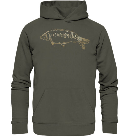 Bio Zeilenkarpfen Hoodie für Karpfenangler: olivgrüner Karpfen Hoodie für Angler. Ein tolles Angler Geschenk.