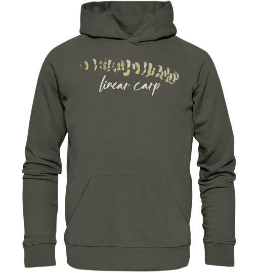 Bio Linear Carp Hoodie für Karpfenangler: olivgrüner Karpfen Hoodie für Angler. Ein tolles Angler Geschenk.