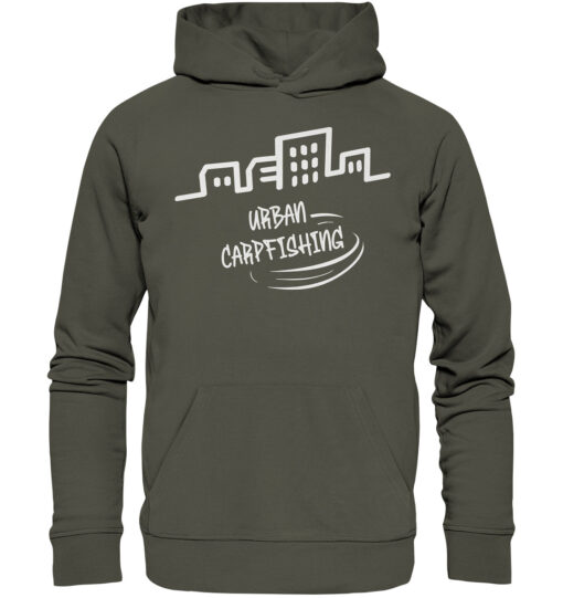 Bio Urban Carpfishing City Hoodie für Karpfenangler: olivgrüner Karpfen Hoodie für Angler. Ein tolles Angler Geschenk.