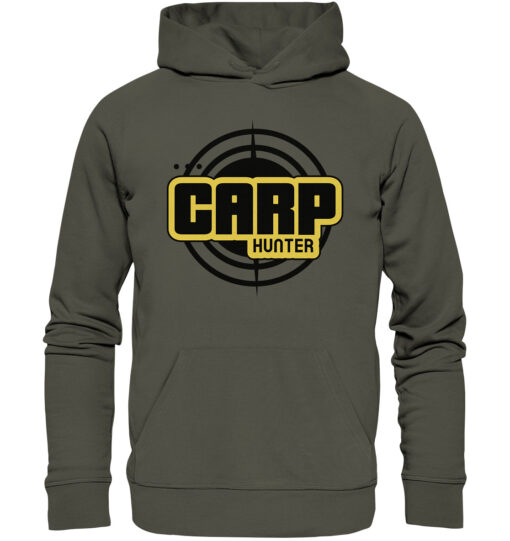 Carp Hunter Hoodie für Karpfenangler in khaki mit dem auffälligen carphunter Design für Karpfenangler. Ein tolles Geschenk für Angler!