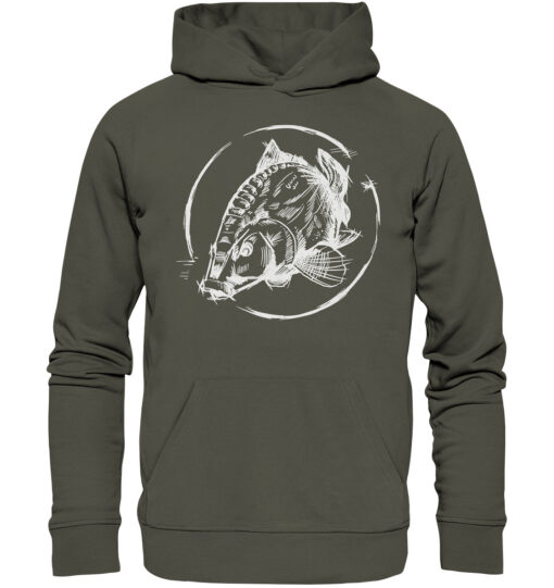 Olivgrüner Bio Karpfen Hoodie für Angler: Carp Hoodie für Karpfenangler. Ein tolles Angler Geschenk.