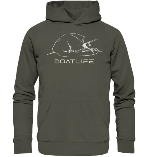 Karpfenangeln vom Boot: der Boatlife Karpfen Hoodie für Karpfenangler. Ein tolles Geschenk für Angler. Bio Angler Hoodie in Olivgrün bestellen.