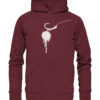 Hookbait Graffiti Hoodie für Karpfenangler: ein Boilie am D-Rig gedruckt auf einem burgundroten Karpfen Hoodie aus Bio-Baumwolle. Besondere Bekleidung für Karpfenangler.