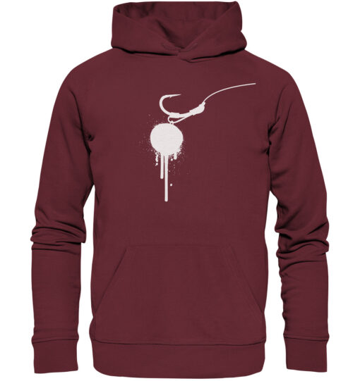 Hookbait Graffiti Hoodie für Karpfenangler: ein Boilie am D-Rig gedruckt auf einem burgundroten Karpfen Hoodie aus Bio-Baumwolle. Besondere Bekleidung für Karpfenangler.