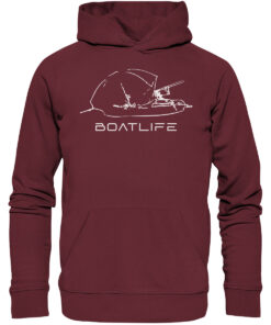 Karpfenangeln vom Boot: der Boatlife Karpfen Hoodie für Karpfenangler. Ein tolles Geschenk für Angler. Bio Angler Hoodie in Burgund-Rot bestellen.