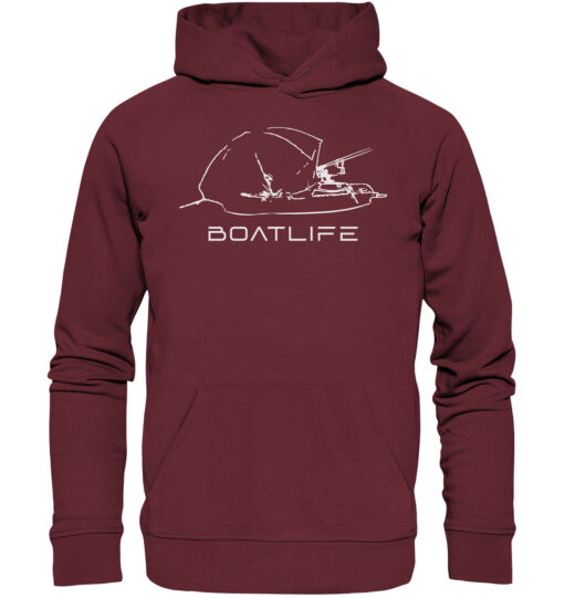 Karpfenangeln vom Boot: der Boatlife Karpfen Hoodie für Karpfenangler. Ein tolles Geschenk für Angler. Bio Angler Hoodie in Burgund-Rot bestellen.