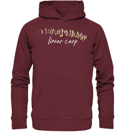 Bio Linear Carp Hoodie für Karpfenangler: burgundroter Karpfen Hoodie für Angler. Ein tolles Angler Geschenk.