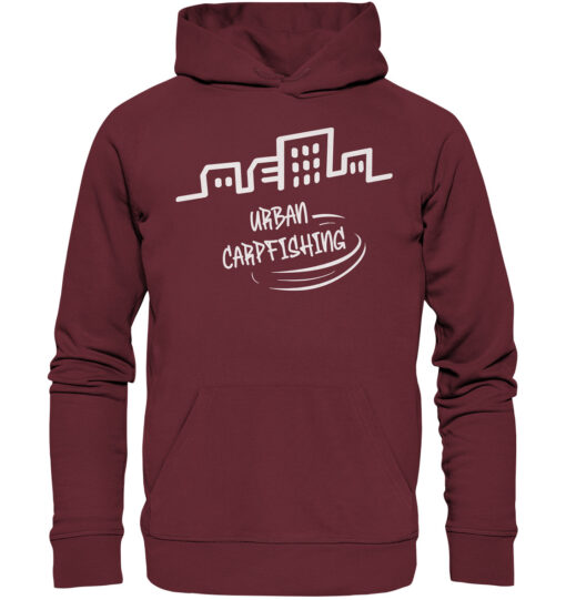 Bio Urban Carpfishing City Hoodie für Karpfenangler: burgundroter Karpfen Hoodie für Angler. Ein tolles Angler Geschenk.