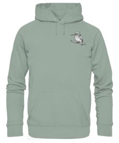 Bio Eisvogel Hoodie für Karpfenangler: hellgrüner Eisvogel Hoodie für Naturfreunde. Ein toller Karpfen Hoodie und Geschenk für Angler mit kleinem Eisvogeldruck.